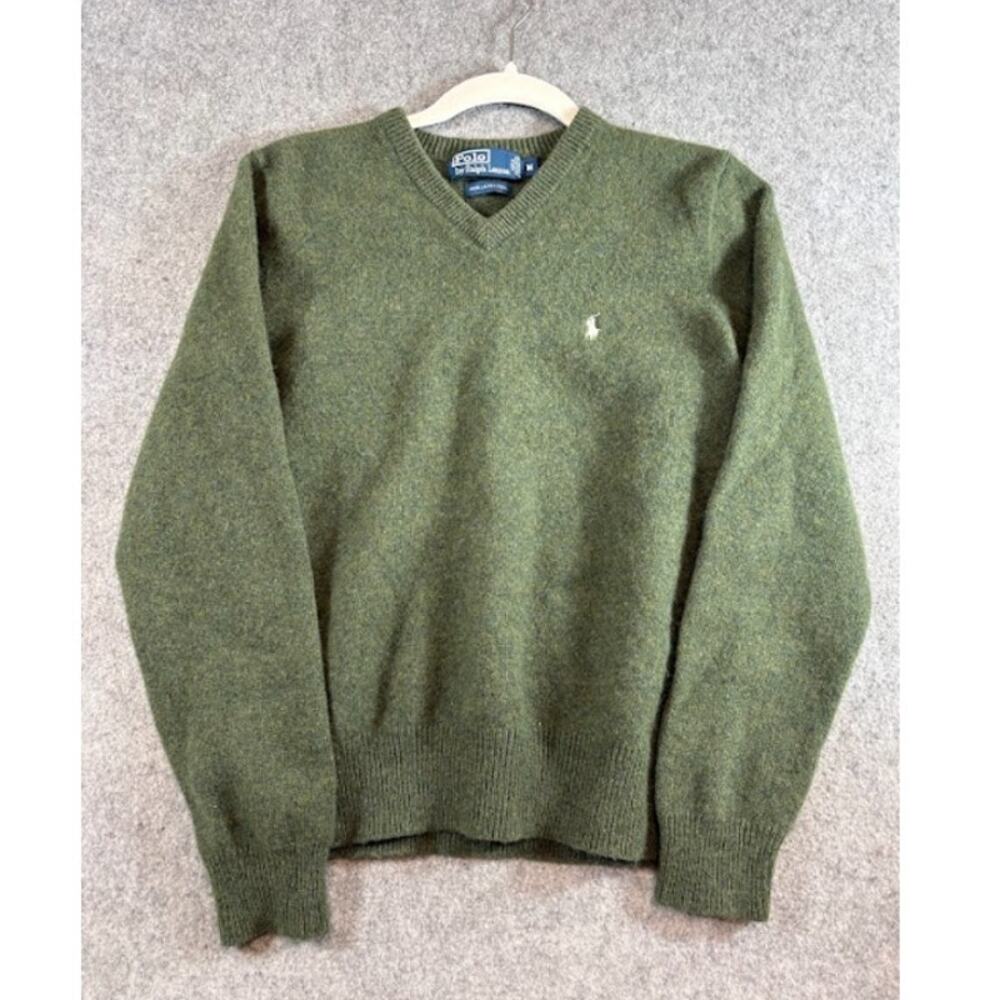 VTG 90s Polo Ralph Lauren Lambswool Sweater Mens M Green Vneck Mini Pony Preppy